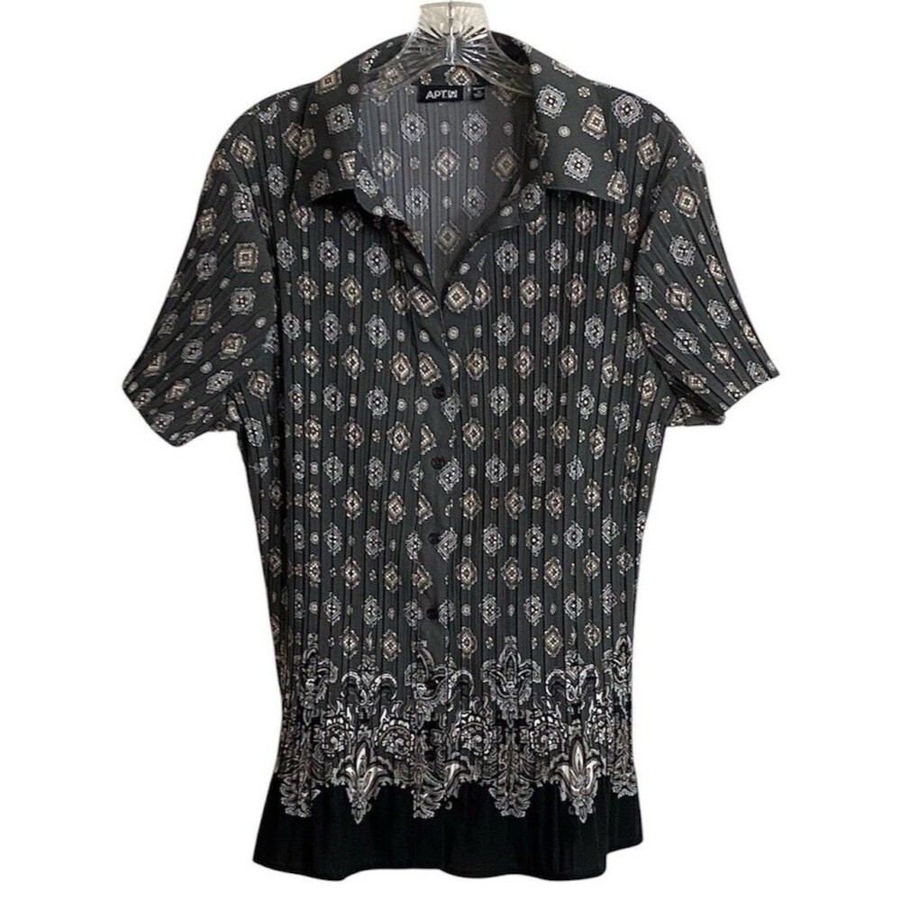 APT. 9 Y2K Womens 1X Black Gray Top Accordion Pleat Button Up Office Siren